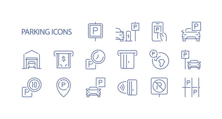 Parking management and location icons set featuring navigation symbols, car position, and parking zone direction for transport and mobility concept flat vector illustration.