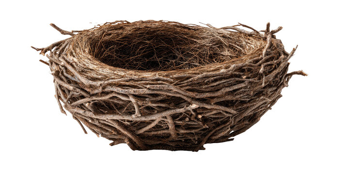 A detailed close-up of an empty bird's nest made from interwoven twigs, isolated against black