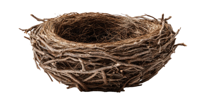 A detailed close-up of an empty bird's nest made from interwoven twigs, isolated against black