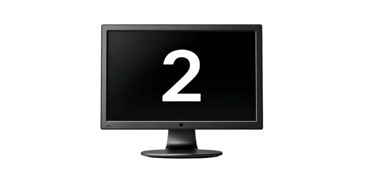 A computer monitor displays the number two against a black background