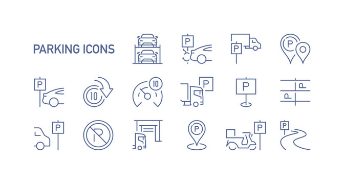 Urban parking icons collection illustrating car park, payment, navigation and restriction symbols used for traffic, transport, and city map applications isolated on white background.