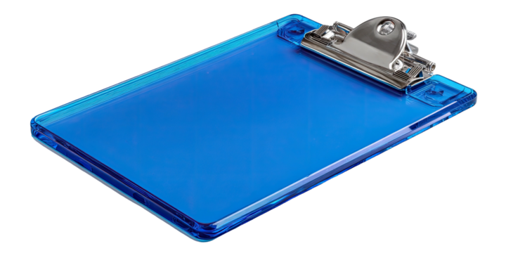 A clear, translucent blue clipboard with a metal clip against a black background