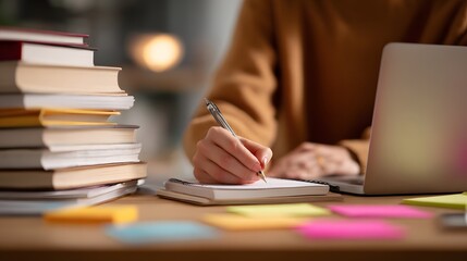 close up of hands writing notes with books and laptop studying focus learning