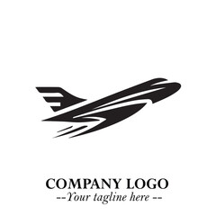 Plane Flying Fast Logo Symbol in Black on the White Background with Dynamic Aviation Design