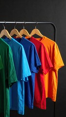 Obraz premium Vibrant collection of plain solid color t-shirts hanging on a rack.