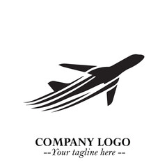 Plane Flying Fast Logo Symbol in Black on the White Background with Dynamic Aviation Design