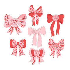 Romantic Coquette Red Pink Leopard Print Bow Clipart Set, Girly Valentines Day Illustrations for Scrapbooking and Stickers