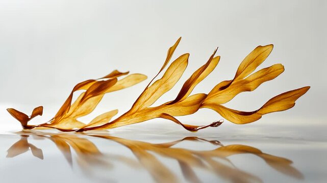The golden seaweed elegantly floats in the calm water, creating a serene scene of nature. This golden seaweed reflects light, enhancing the tranquil beauty of the aquatic environme