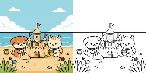 Fototapeta premium Cartoon Dog and Cat Building Sandcastle on Beach, Color and Line Art
