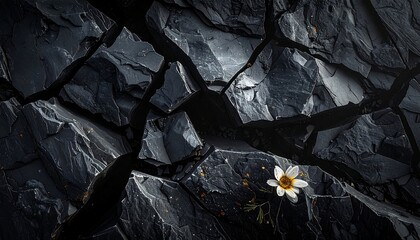 A lone flower blooms amidst dark, cracked stone