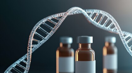 Vaccines protection distribution concept. Medical vials with DNA strand in a scientific setting.