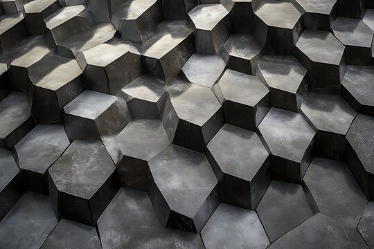 Hexagonal basalt columns create a metallic textured geometric landscape pattern design