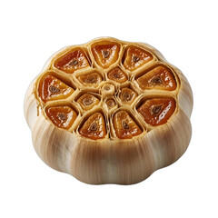 Delicious roasted garlic bulb, halved, revealing sweet caramelized cloves. Ideal for gourmet recipes, healthy meal planning, food blogs, menus, and culinary content,