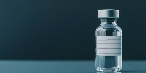 Vaccines protection distribution concept. Clear glass vial with liquid against a dark background.