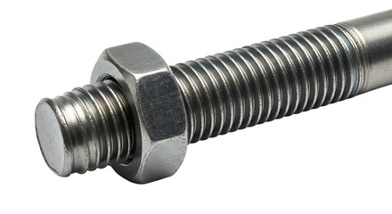Metal Bolt and Nut Close Up on White Background Industrial Mechanical Hardware