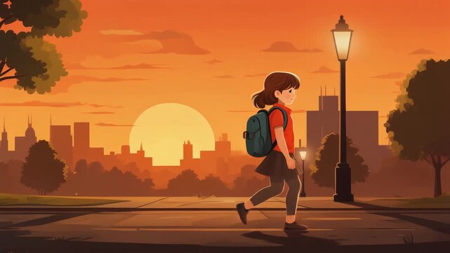 Cartoon girl walking in park at sunset with backpack