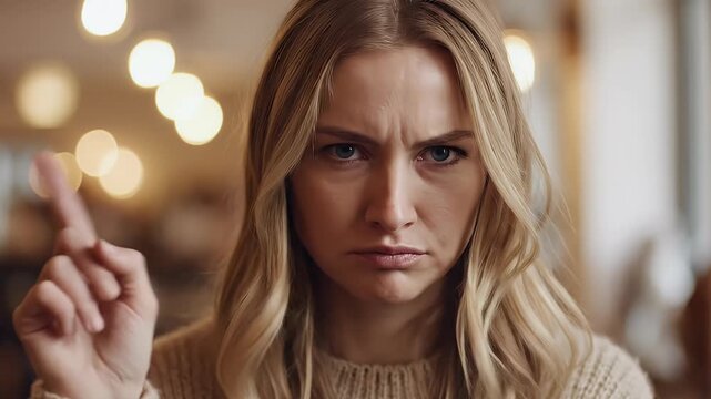 Woman with blonde hair giving a warning gesture with her finger in a cafe