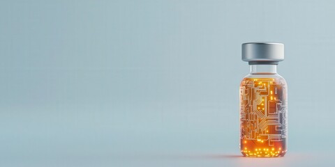 Vaccines protection distribution concept. A futuristic vial with a circuit design and orange liquid inside.