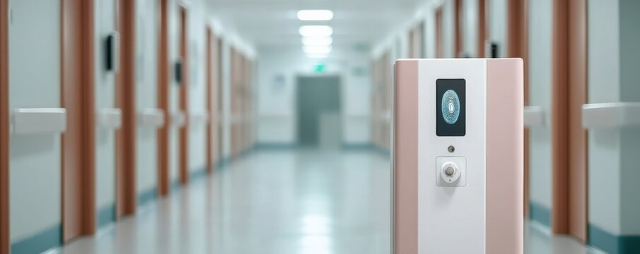 Vaccines protection distribution concept. Modern hospital corridor with a medical device in focus.