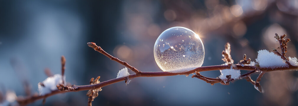 Frozen soap bubble on branch quiet winter moment