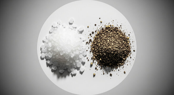 Classic kitchen contrast: Coarse white salt next to black pepper.
A perfectly balanced, minimalist overhead shot of two essential kitchen spices, forming a stark black-and-white contrast - Powered by Adobe