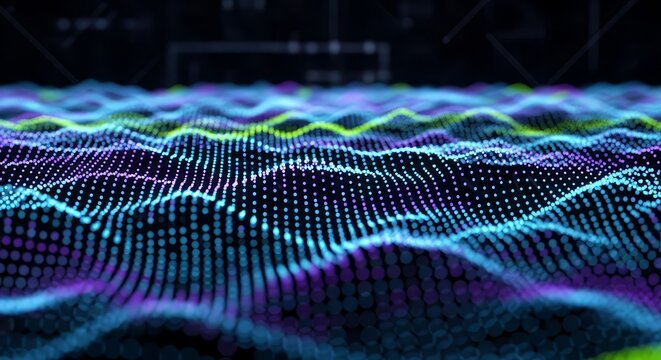 Abstract digital landscape with blue purple and green dots forming a wavy surface on a black background