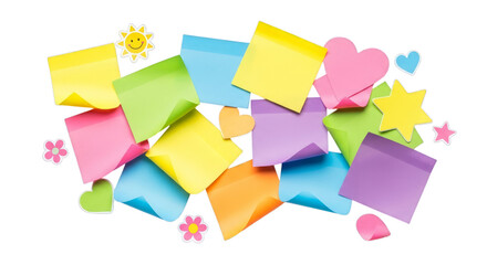 Assorted pastel sticky notes and stickers scattered randomly around on transparent background