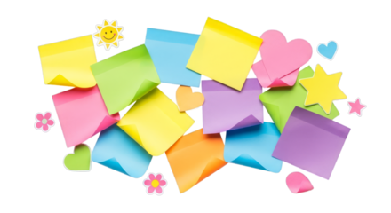 Assorted pastel sticky notes and stickers scattered randomly around on transparent background