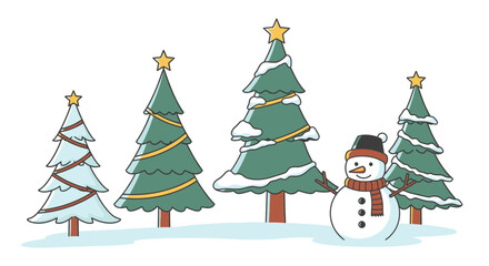 Festive winter scene featuring decorated Christmas trees and a cheerful snowman.