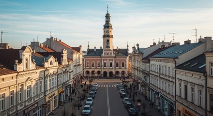 Fototapeta premium Elegant Polish Cityscape Depicting Jaroslaw Town Hall Tower and Central Street