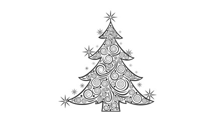 Fototapeta premium Detailed black and white illustration of a decorated Christmas tree.