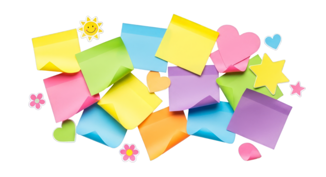 Assorted pastel sticky notes and stickers scattered randomly around on transparent background