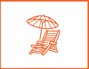 Hand drawn sketch of a beach chair and umbrella in orange outline isolated on transparent background