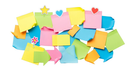 Assorted colorful sticky notes with star, heart, and flower pushpins on transparent background