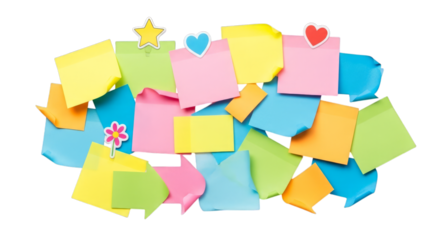 Assorted colorful sticky notes with star, heart, and flower pushpins on transparent background