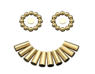 Two golden circular bead arrangements forming eyes and a curved row of golden cylindrical objects forming a smile isolated on transparent background