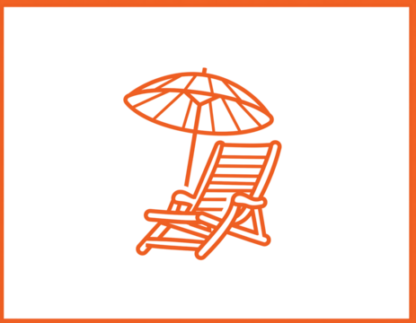 Hand drawn sketch of a beach chair and umbrella in orange outline isolated on transparent background