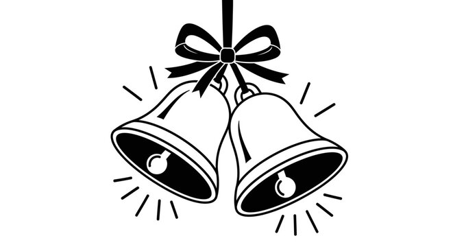 A black and white illustration of two wedding bells tied together with a ribbon and bow.