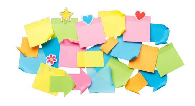 Assorted colorful sticky notes with star, heart, and flower pushpins on transparent background - Powered by Adobe
