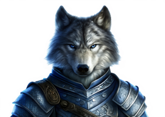 Anthropomorphic Wolf Warrior in Blue Armor with Blue Eyes graphic design isolated on a transparent background