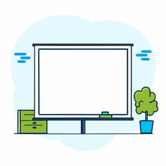 Classroom or office scene with blank whiteboard on stand, green drawers, books, and potted plant. Hand-drawn illustration for workspace, planning, or education themes.