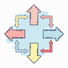 Arrows, direction, flow. Hand-drawn illustration of colorful arrows pointing outward from central cloud shape. Concept for navigation, movement, or decision-making.