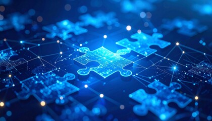 Obraz premium Digital puzzle pieces with interconnected data, blue technology, and network concept background.