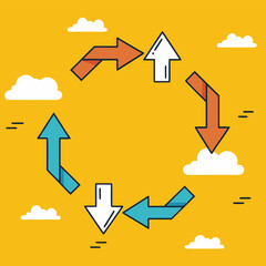 Cycle, process, arrows. Hand-drawn illustration of six colorful folded arrows forming a circular loop on yellow background with clouds. Concept for flow, feedback, or continuous improvement.