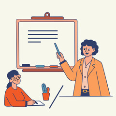 Classroom scene with teacher and student. Hand-drawn illustration of educator pointing at whiteboard while student writes at desk. Concept for learning, teaching, and education.