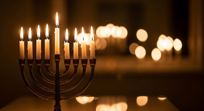 Celebrate Hanukkah with the warm glow of menorah candles lighting up the night, creating a beautiful and meaningful holiday moment