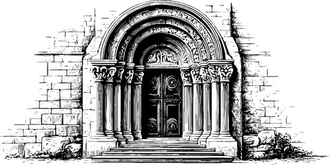Romanesque church portal with rounded arch and ornate carvings