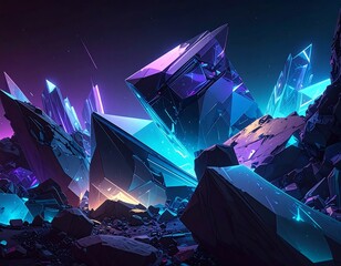 Glowing Crystal Formations Illuminated by Neon Light