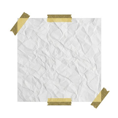Crumpled paper sheet secured with tape on an isolated plain surface on transparent background