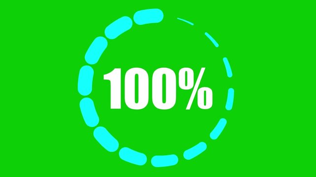cyan blue 100% progress circle on a chroma key green background, animated chromakey background backgrounds emotion frame colorful design illustration